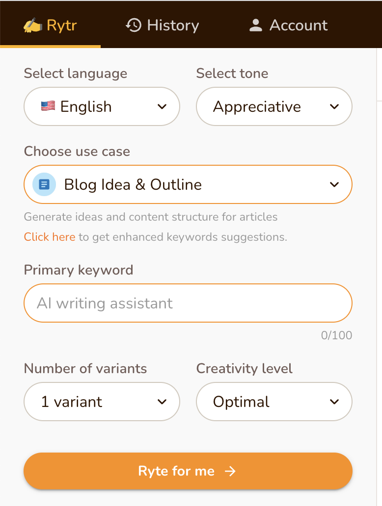 Screenshot from the AI writing tool, Rytr, showing the input interface with options for "tone," "use case," "variants," and "creativity level."